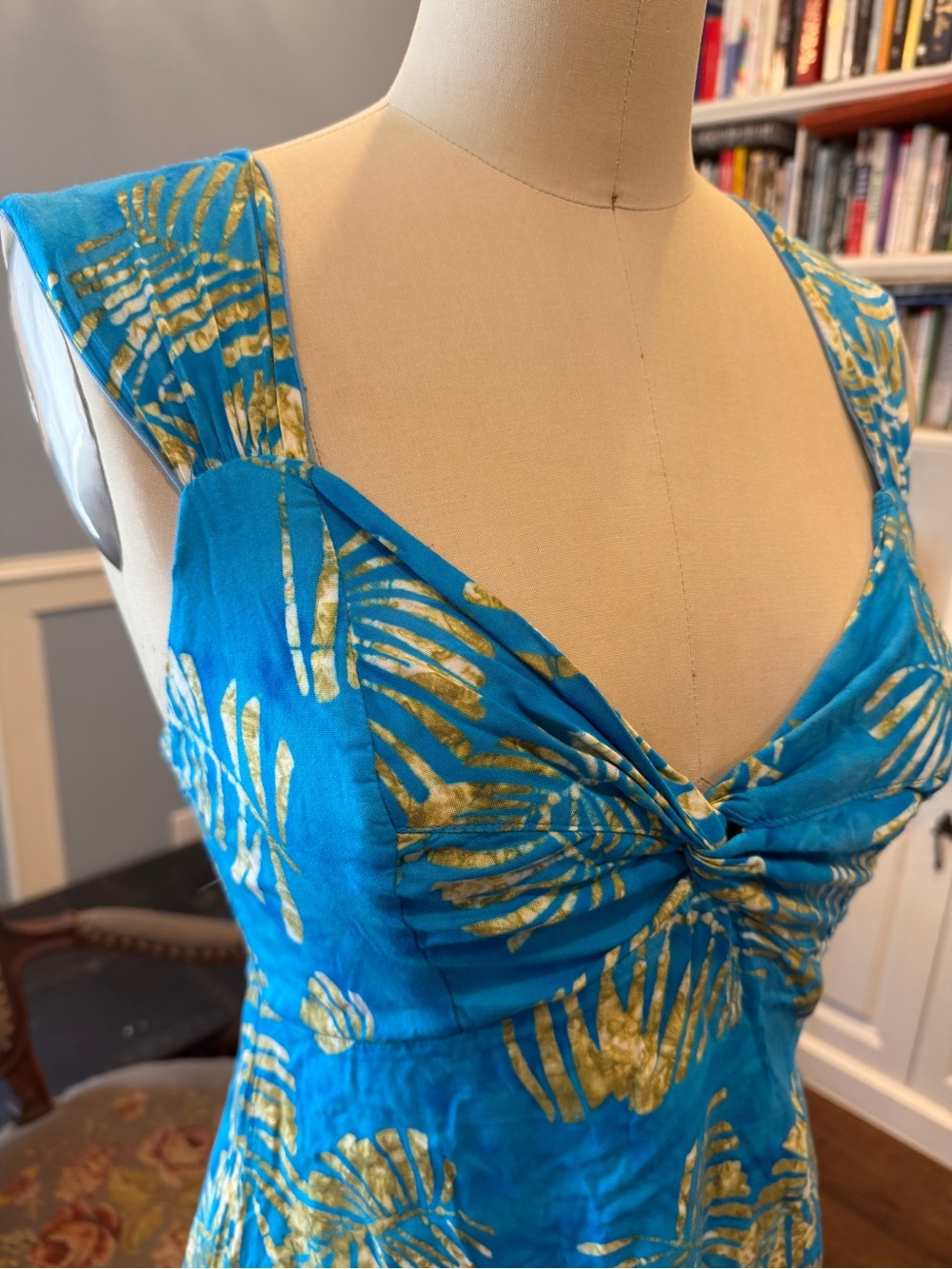 Vintage Turquoise Dress with Gold Leaf Print - Picture 2 of 8